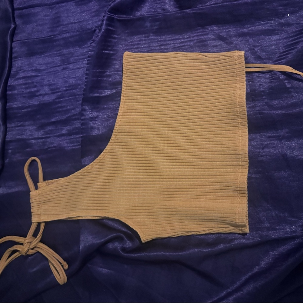 Aerie Beige Ribbed Knit One Shoulder Tie Strap Cropped Top Women's S